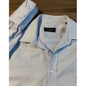 Canali Italy Blue Micro Texture Dress Shirt French Cuffs Spread Collar Sz L 41
